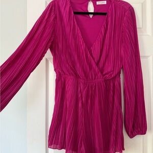Vestique | Hot Pink, Satin, Pleated Long-Sleeve Romper (Size Medium)